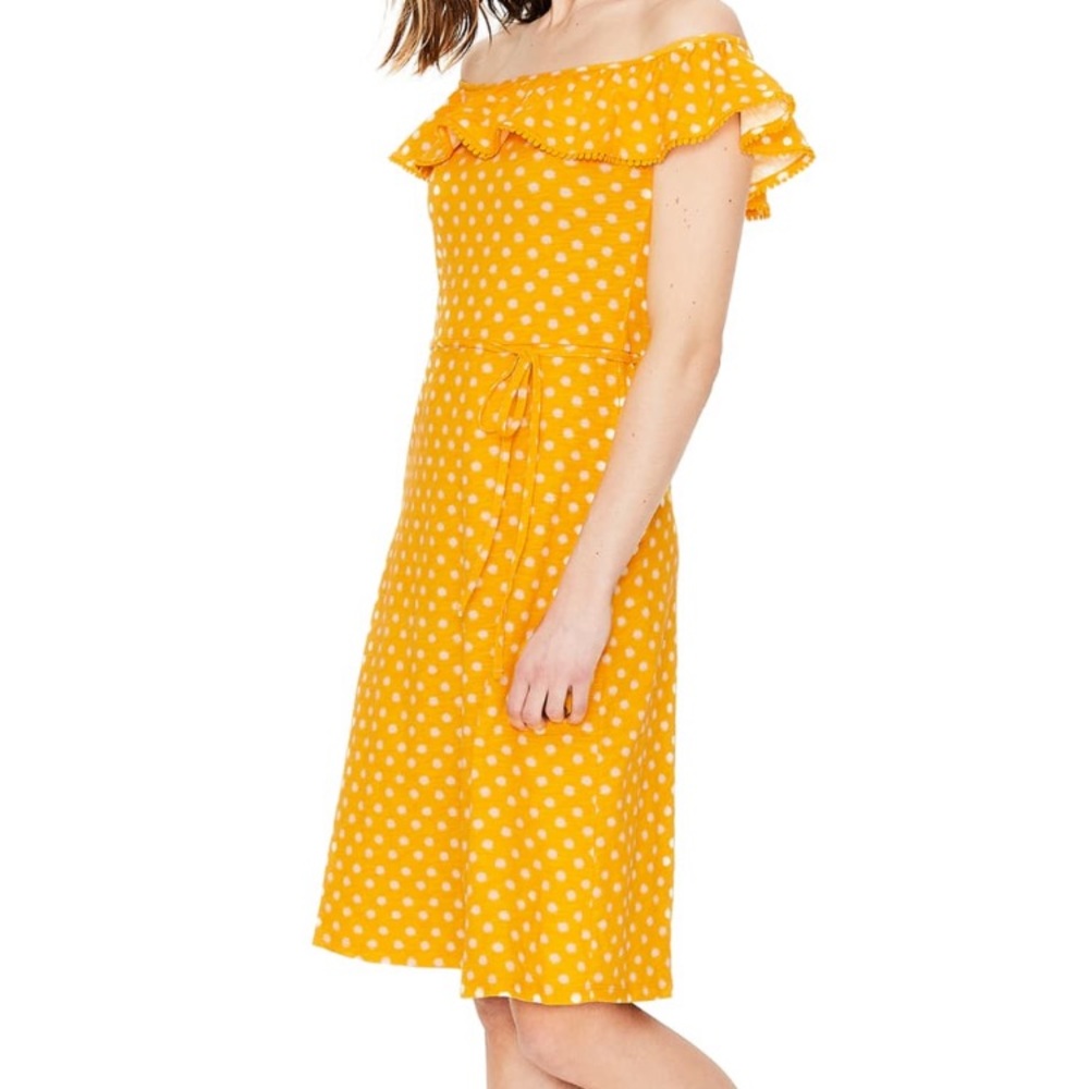 Boden Happy Spot Star Polka Dot Summer Dress Sunny Yellow Off the Shoulder Sz 4